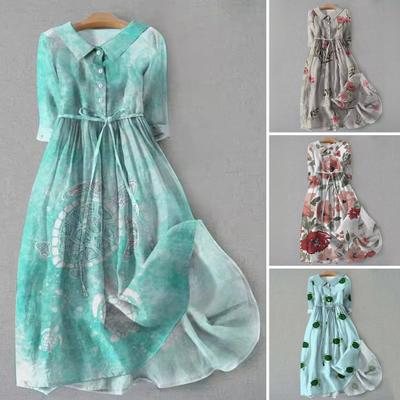 Fall Summer Dress Lapel Three Quarter Sleeves A-line Digital Floral Print Bohemian Style Pleated Lace-up Half Single-breasted Shirt Type Midi