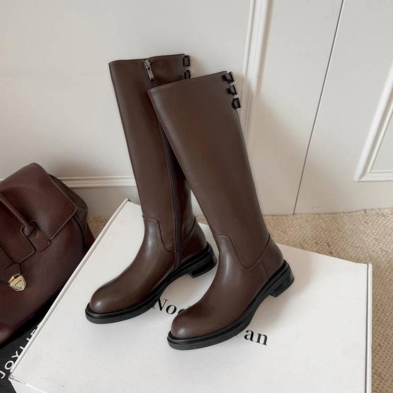 Versatile medium heel large size women's boots leather knight boots comfortable thick-soled cowhide tall boots autumn and winter round head lea