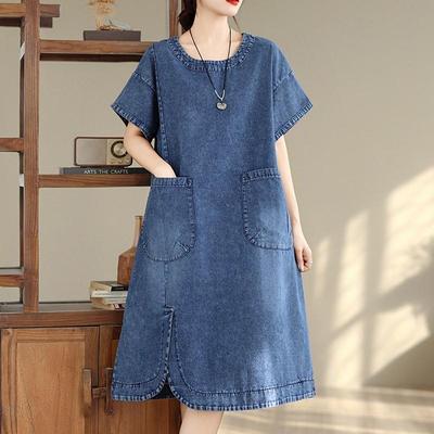 Kurzarm Übergröße Vintage Neu in Kleidern für Damen Lässig Locker Midi Sommer Jeanskleid