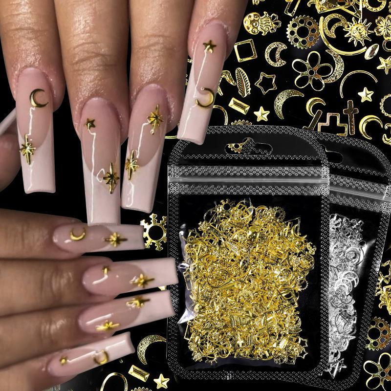 Nail Art Hollow Metal Jewelry, Large Capacity Gold Silver Star Shell Mixed Nail Patch