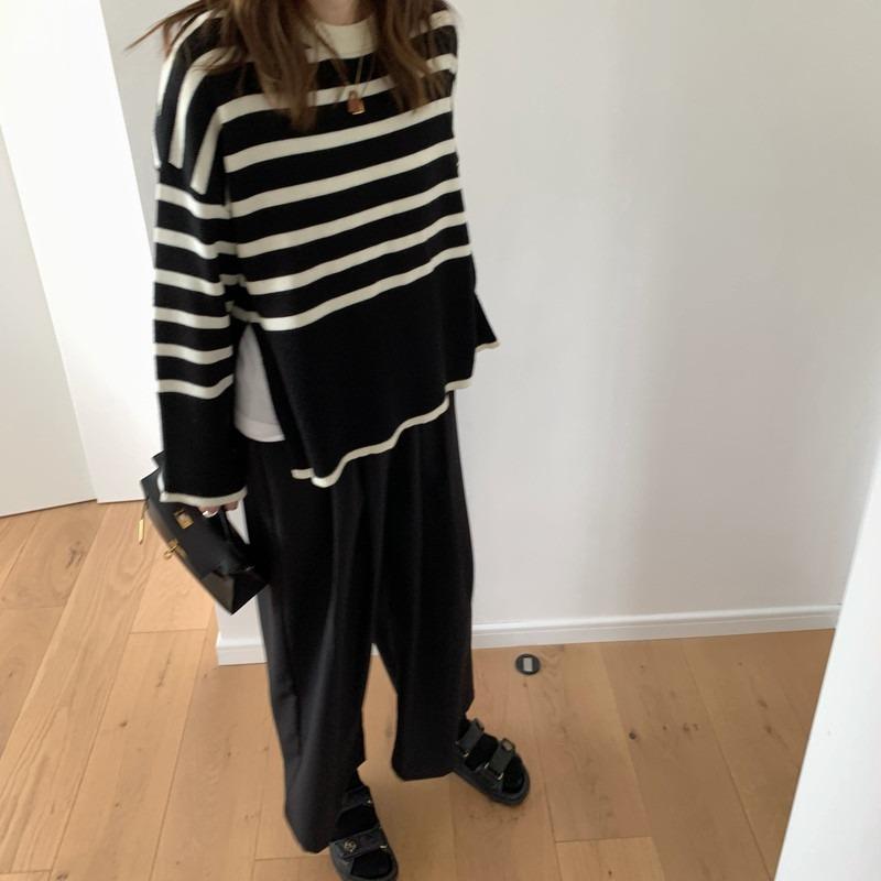 Korean Fashion Striped Knitted Pullover Sweater Women Autumn and Winter New Casual Simple Retro Loose Outside Wearing Long Sleeve Loose Crew Neck Tops