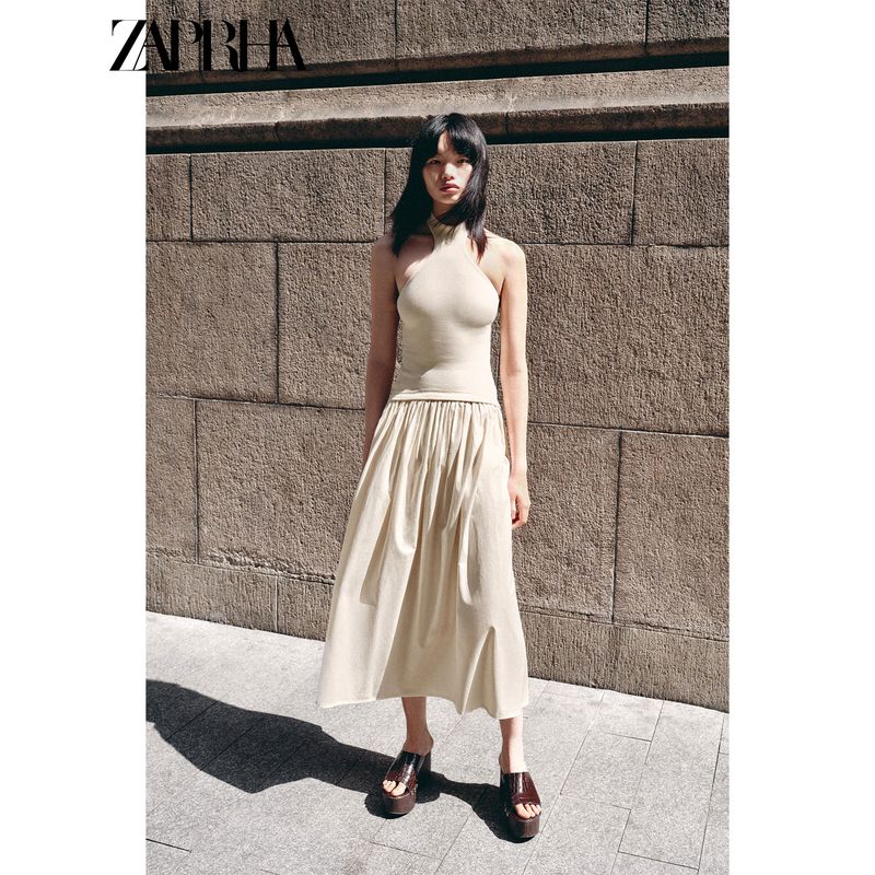 Zaprha 2025 Summer New Elegant Slim fit Patchwork Neck Collar Backless Sling Dress 4174202