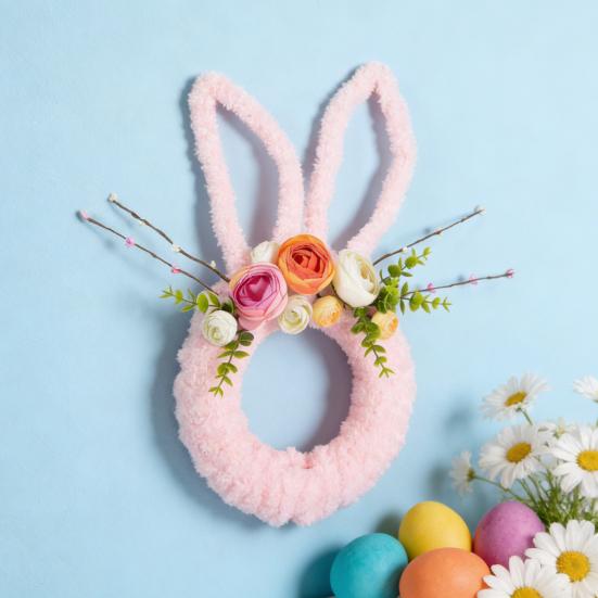 Easter Bunny Wreath for Front Door Yarn Wrap Rabbit Shaped Wreath with Artificial Flowers for Spring Porch Wall Window Indoor Outdoor Decor