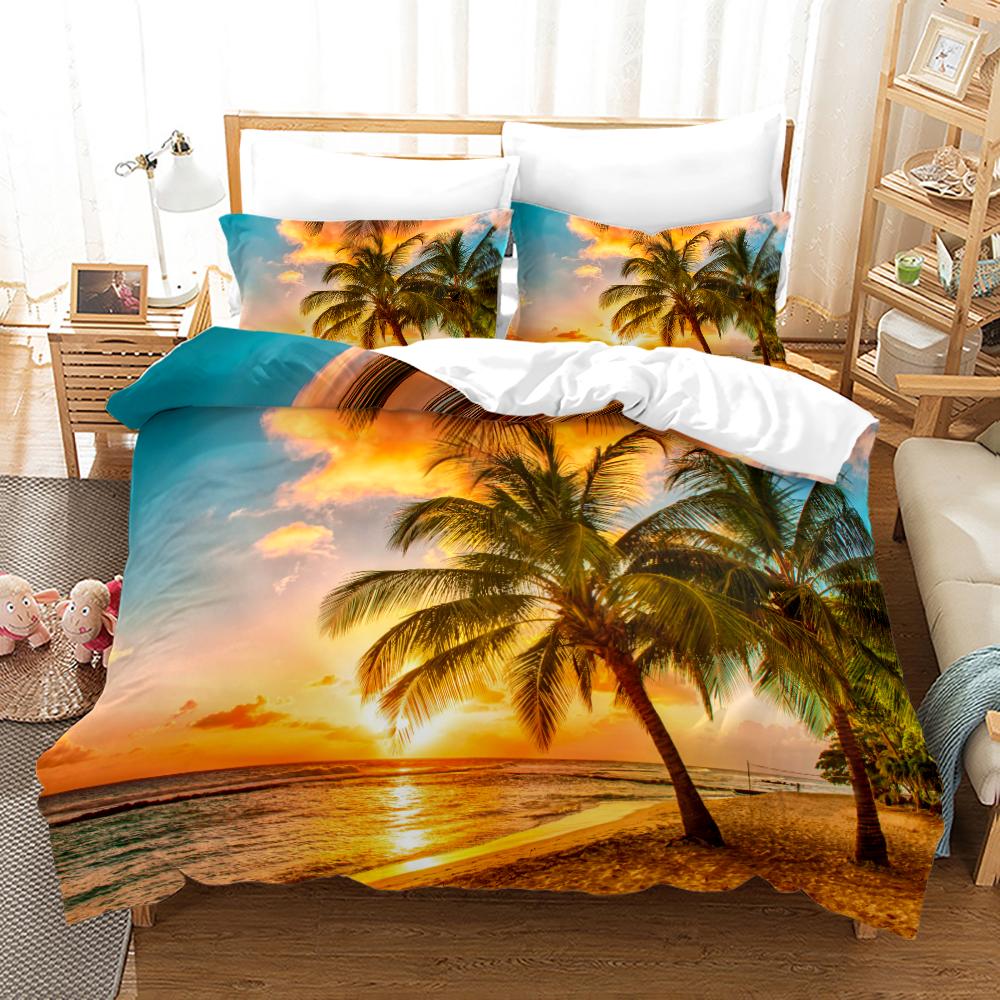 Tropical Landscape Polyester Duvet Cover Sets King Full With Pillowcase Coconut Trees Sea Sunset Natural View Large Sun Pattern