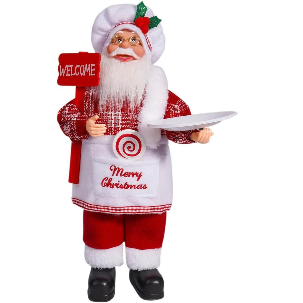 12" Świąteczne Figurki Świętego Mikołaja Stojąca Figurka Świętego Mikołaja Ubrana w Niebieski Płaszcz, Torba z Prezentami i Pudełko z Prezentem w Ramionach, Prezenty na Święta Zima