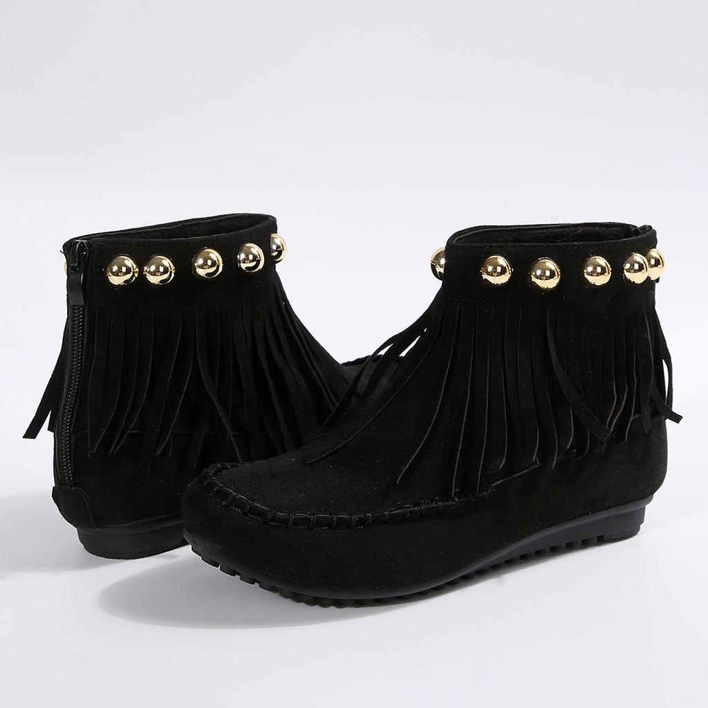 Women's Wide Width Fringe Ankle Boots, Flat Sole Versatile Booties, European Style Winter Shoes for Women