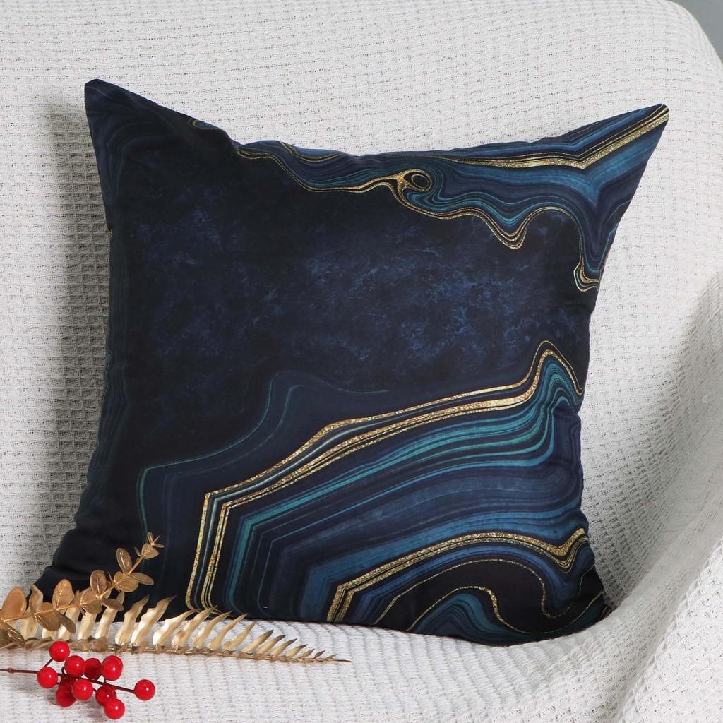 4 Pièces Housse de Coussin Marbre Bleu Marine Doré Double Face, Housse de Coussin Décorative Abstrait Encre de Luxe (Sans inserts)