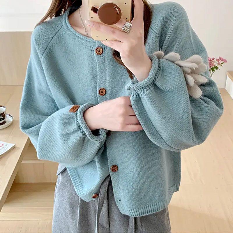 

Вязаный кардиган Весенне-осенний стиль Ленивый свободный Верхняя одежда Топ с круглым вырезом Свитер Пальто С манжетами Однотонный Короткий 2XL