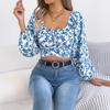 Early Autumn Floral Lantern Sleeve, Tie, Cinched Waist, Crop Top for Women