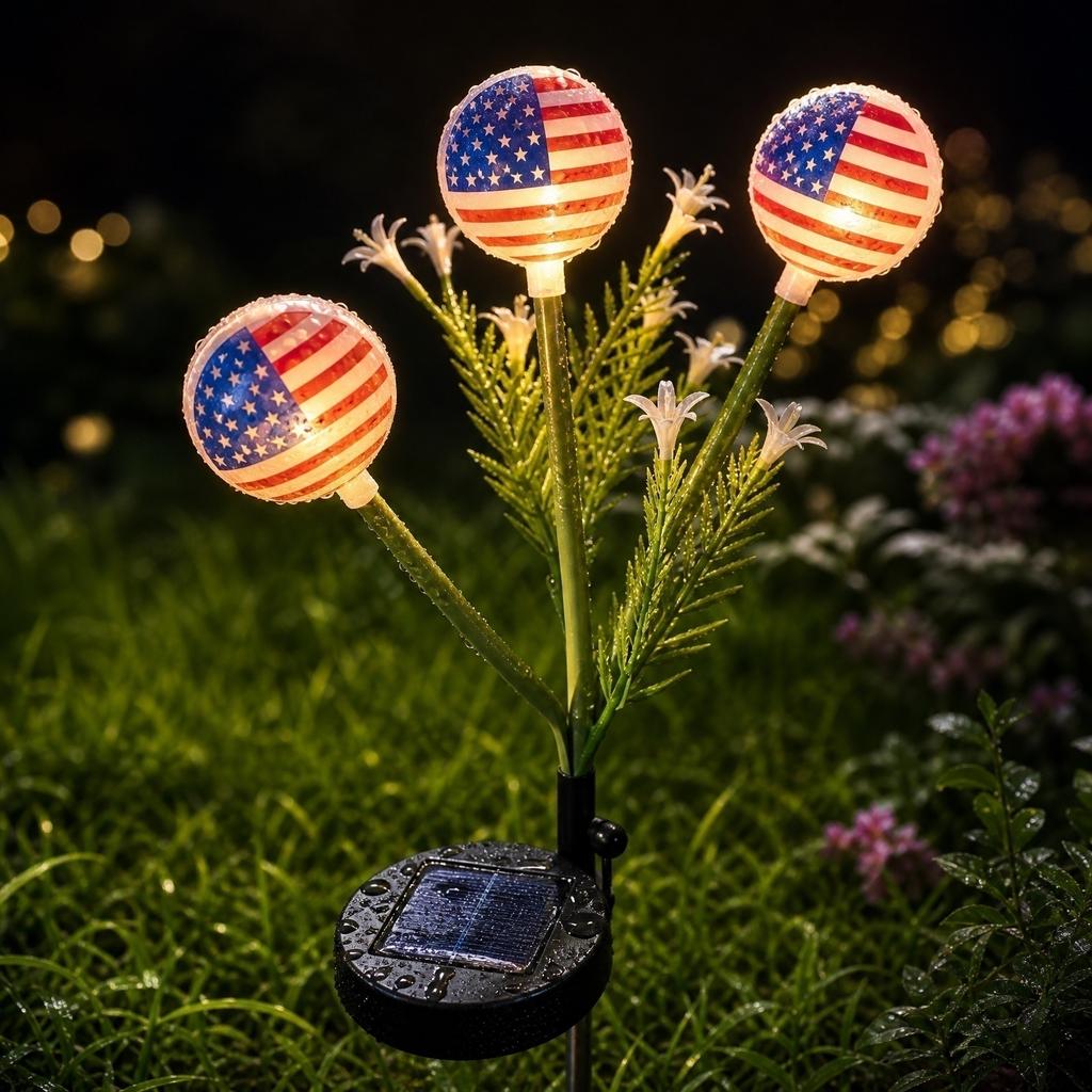 Solar Powered Outdoor Flag LED Garden Stake Light Waterproof Ground Spike with Three Flag Heads for Yard Pathway Decoration