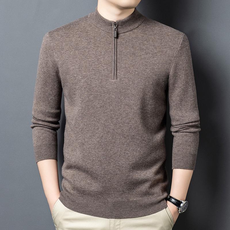 Men's 100% Pure Wool Half-Zip Thickened Sweater, High-End Solid Color Knitwear for Autumn/Winter