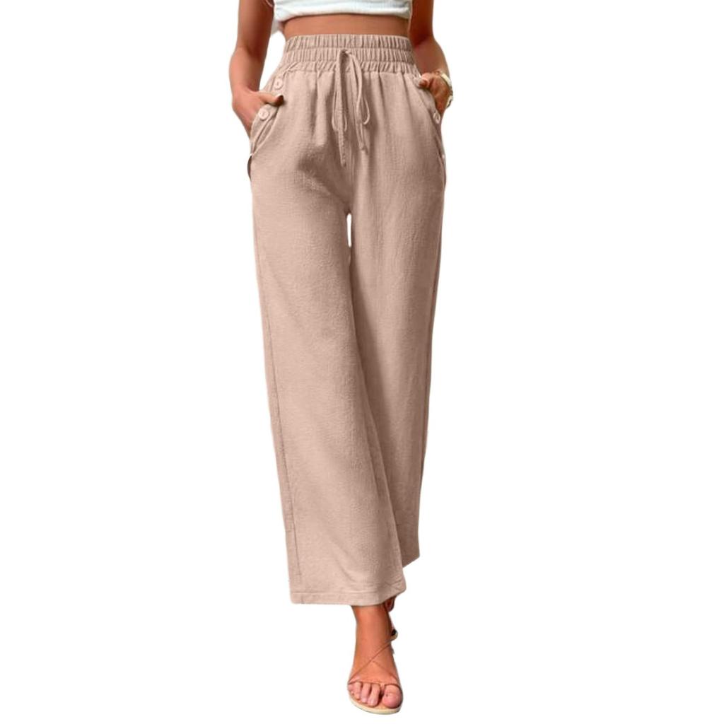 Drawstring Elastic Wide-Leg Pants for Women Mid-Length High Waist Pants Ladies Straight Trousers