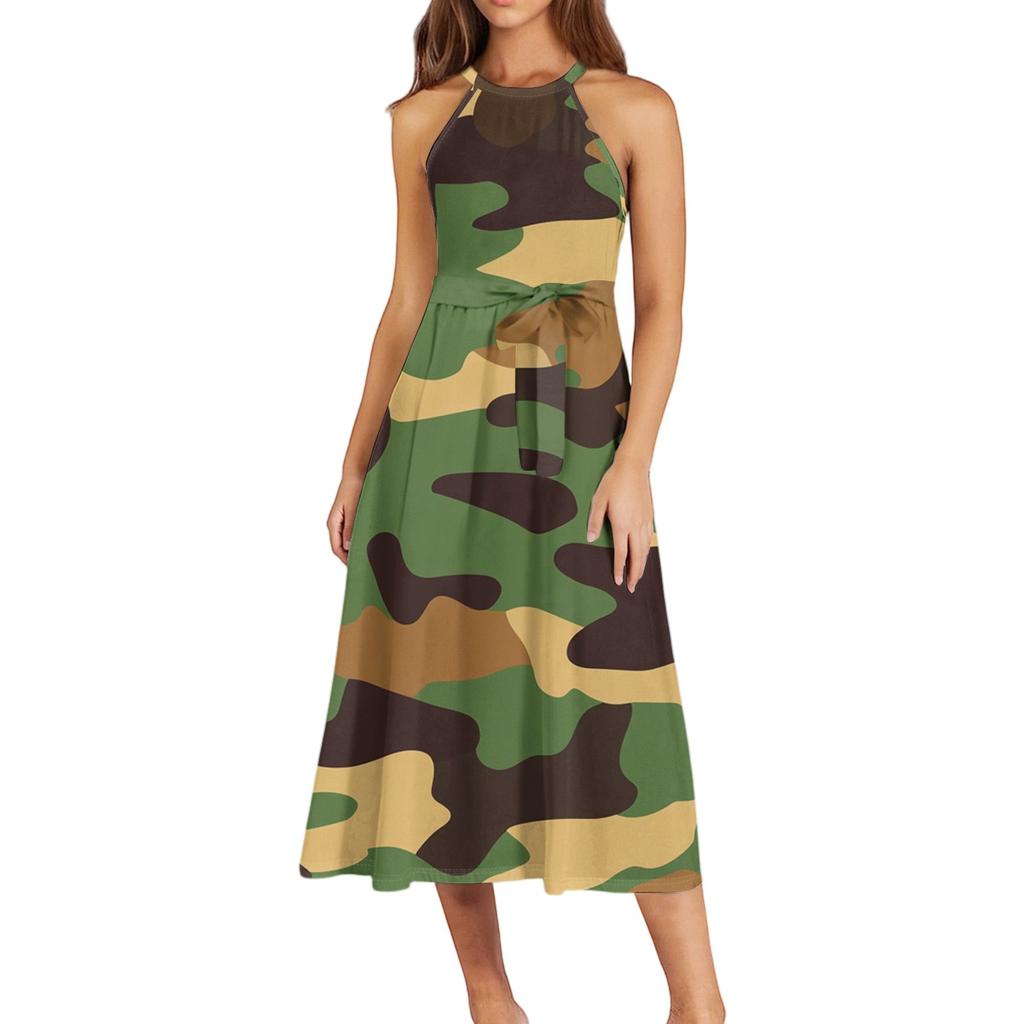 Dámské ležérní midi šaty s kulatým výstřihem, základní klasické venkovní každodenní bez rukávů volné boho šaty na zavazování, letní plážové šaty