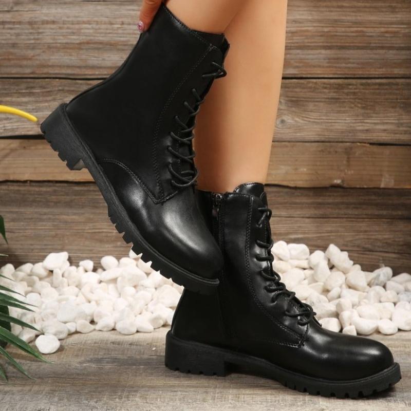 Fashion British Solid Zip Ankle Boots for Woman Autumn Winter Round Toe Lace-Up Short Boots Women Pu Leather Shoes Boties Lady