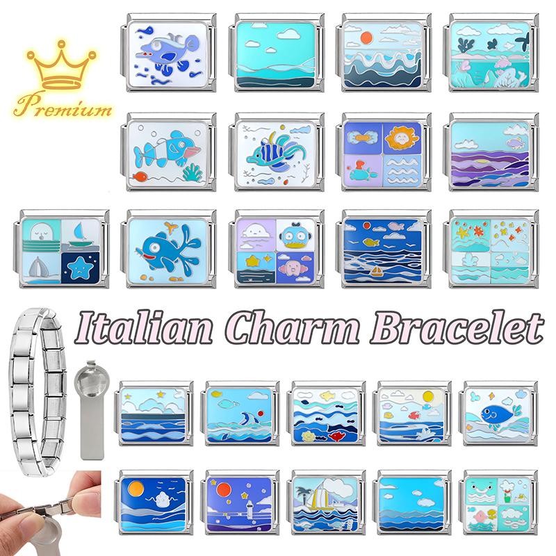 Blue Sea Waves Sun Moon Plane Seabed Star Butterfly Beads Fit 9mm Italian Charm Links Bracelet Stainless Steel DIY Jewelry Gifts