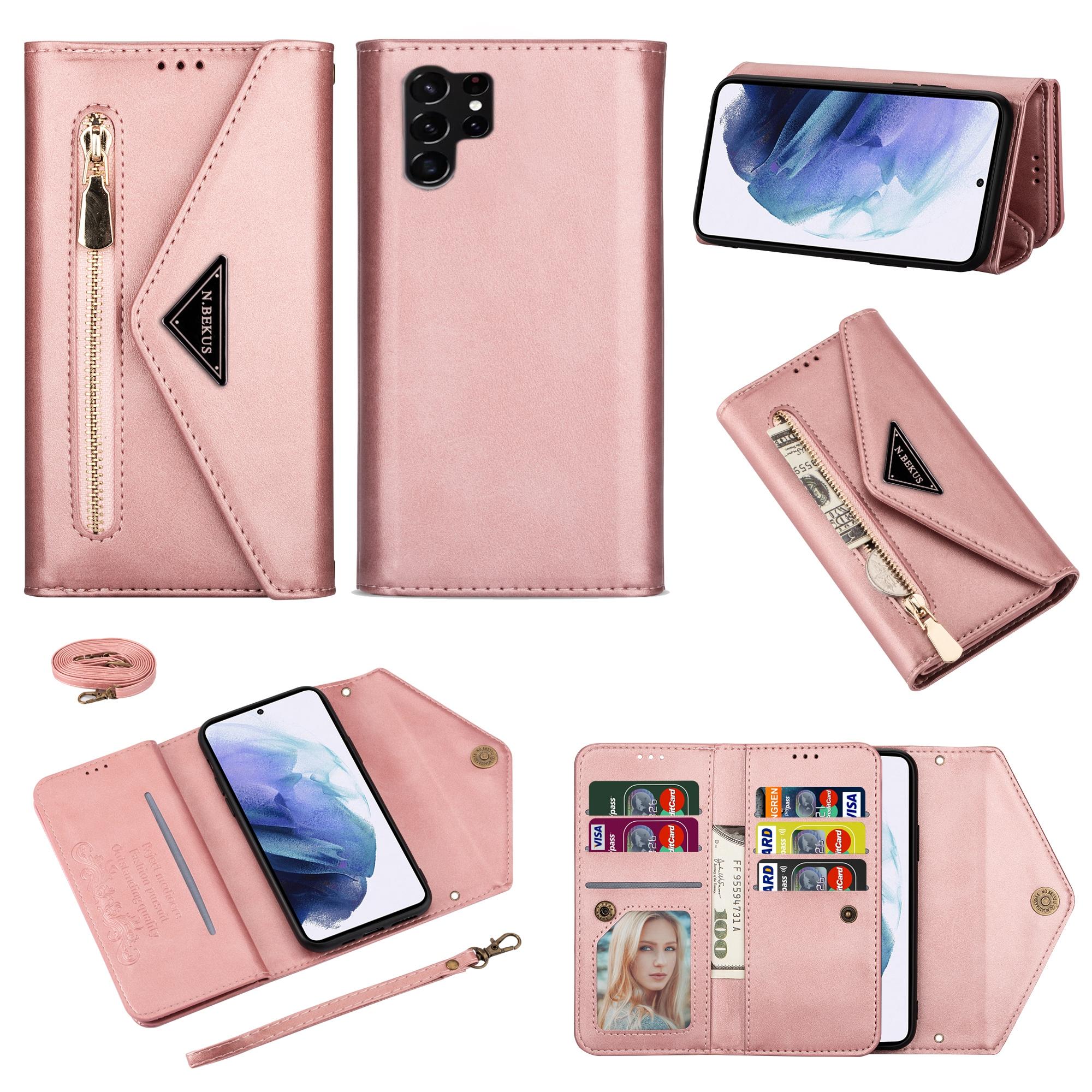 

N.BEKUS For Samsung Galaxy S25 Ultra Cases Skin-Touch Leather Wallet Phone Cover with Straps Rose Gold
