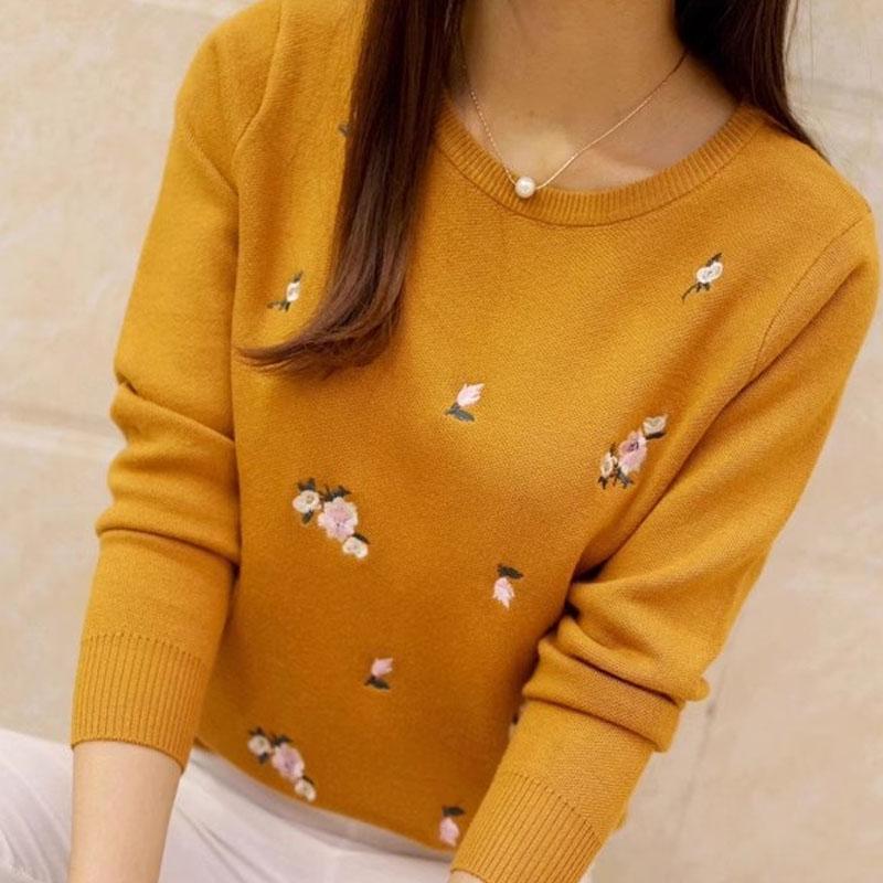 Модный и элегантный женский свитер с круглым вырезом и вышивкой цветущей сливы, теплый женский пуловер с длинным рукавом для осени и зимы XL