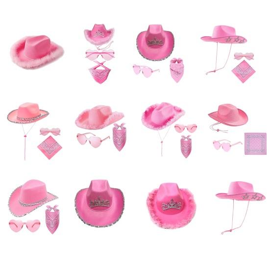 Hat Scarf Glasses Set Pink Series Felt Cowboy Hat with Feather Trim Pink Bandana Heart-Shaped Sunglasses Versatile Western Style Accessories