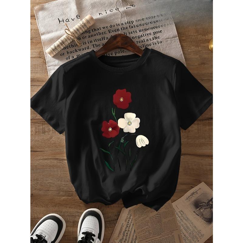European Size Floral Print Pure Round Neck Short Sleeve