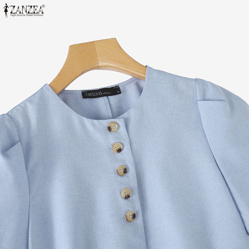 ZANZEA Women Casual Round Neck Solid Color Short Sleeve Cropped Blouse
