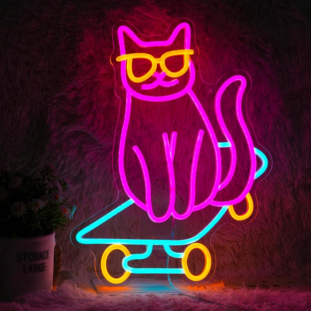 Skateboard Cat Neon Sign LED Light Animal for Bedroom Decor Pet Shop Art Wall Decoration Gift for Girl Boy Party Decoration