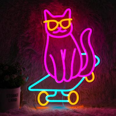 Skateboard Cat Neon Sign LED Light Animal  for Bedroom Decor Pet Shop Art Wall Decoration Gift for Girl Boy Party Decoration