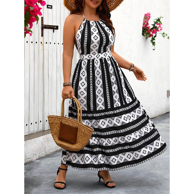 Abito Halter per Donna Stampa Patchwork Vita Alta Senza Spalle Schiena Nuda Fiocco Abito Lungo Estate Vacanza al Mare Casual Moda Plus Abito Maxi