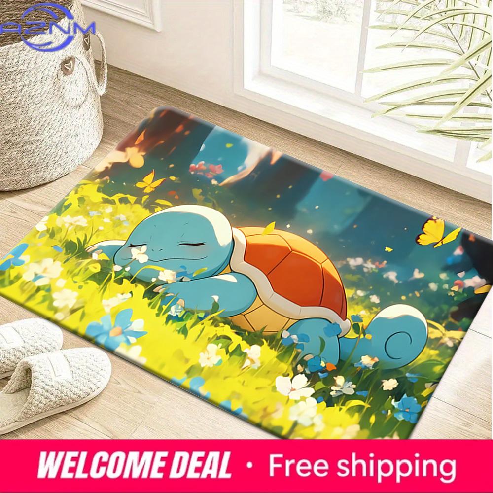 Pokemon Squirtle Sleeping in Flower Field Print Doormat Non-Slip Absorbent Floor Mat for Indoor Entrance Home Decor 40x60cm
