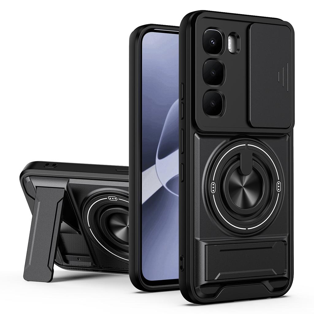 For Infinix Hot 60 Pro 4G Magnetic Case Ring Holder Foldable Kickstand TPU PC Phone Cover with Camera Lens Slider
