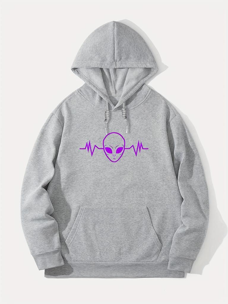 Alien Heartbeat Line Graphic Men Hip Hop Sports Hoodie Sci-Fi Extraterrestrial Pulse Print Loose Oversized Street Sweatshirt