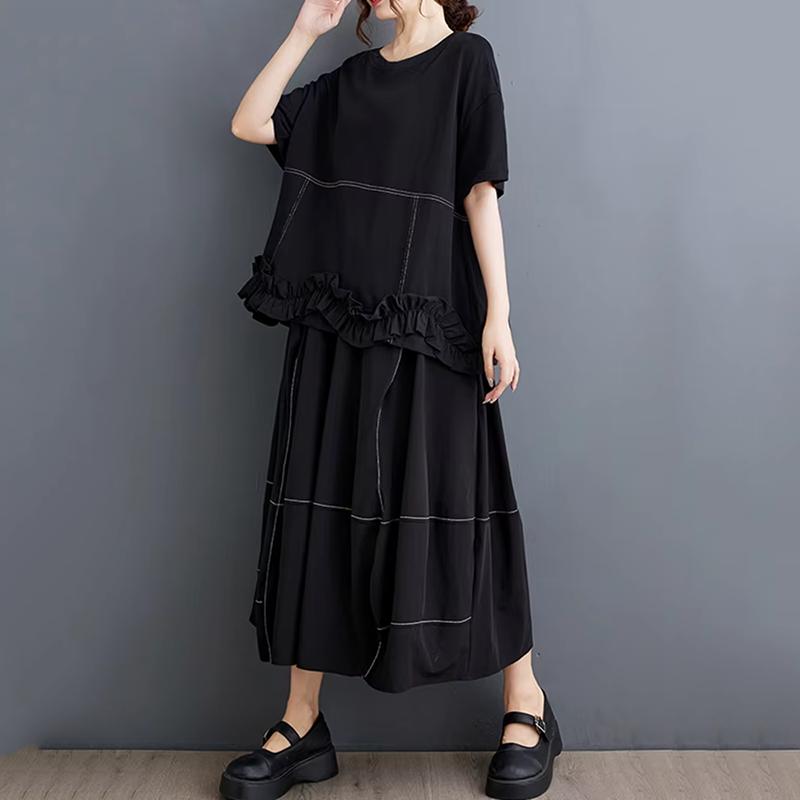 XITAO Patchwork Ruffles O-neck Matching Female Set  GYX1575