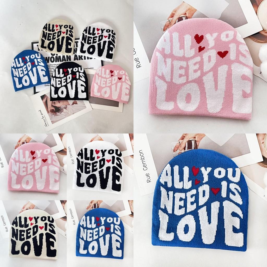 Simple Color Blocked Letter Heart Pattern Women Casual Warm Knitted Hat For Urban Outdoor Use