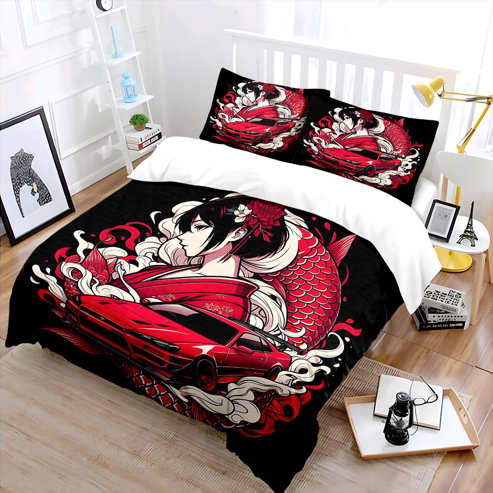 Japanese Art Girl And Sports Car Bedding Set For Kids Luxury Gift 3Pcs Digital Print Comforter Set Soft Comfortable Breathable (as the picture,EU Twin 135X200cm&set)