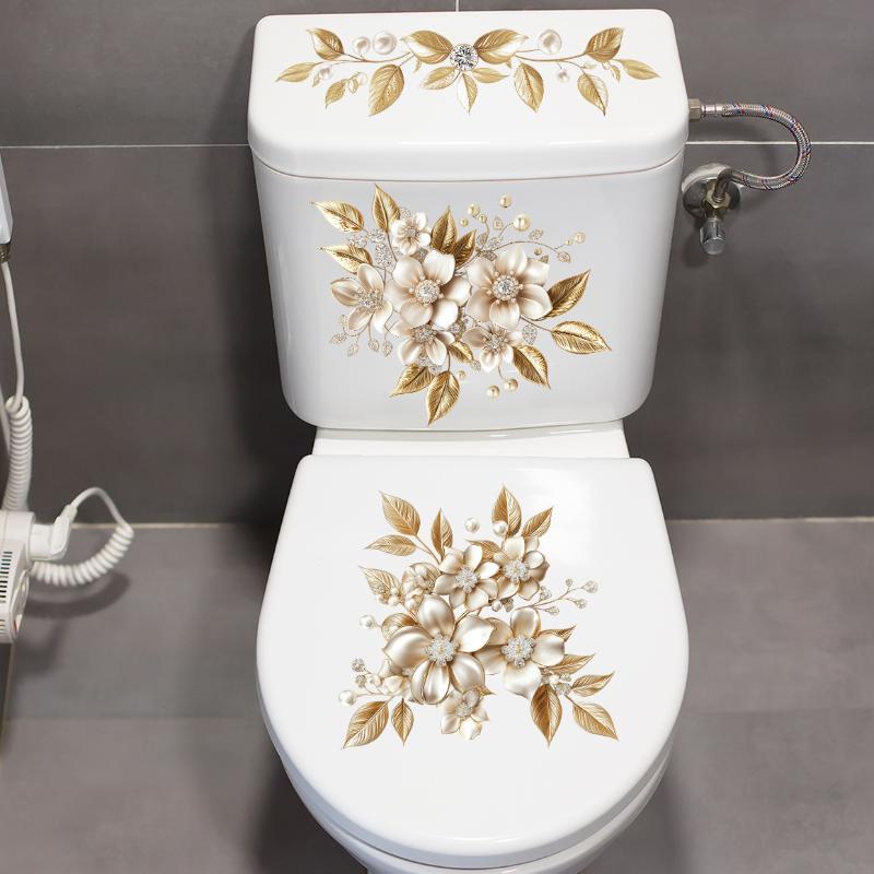 Light Luxury Golden Flower Toilet Sticker Bathroom Waterproof Self-adhesive Water Tank Decorative Sticker
