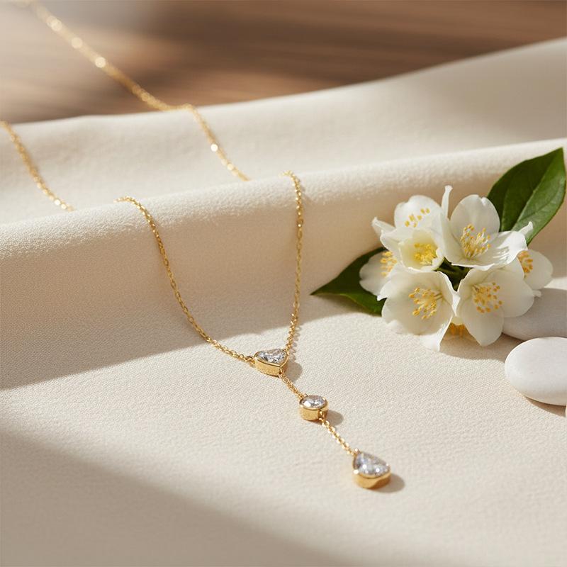Viral Lariat 3-stone Bezel Moissanite Necklace White Gold Plated S925 Silver Luxury GAR Certified Heart-Round-Pear Drop Women