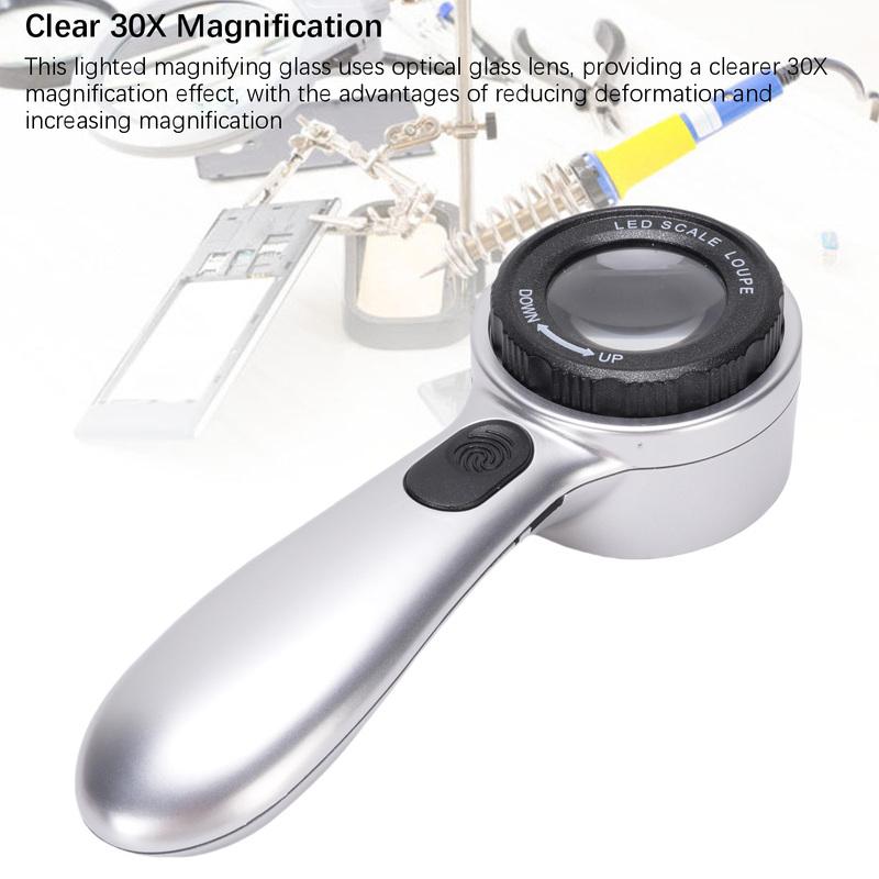 30X Handheld Magnifier LED Lighted Rechargeable Magnifying Glass for Jewelry Calligraphy Inspection 4 Lighting Modes