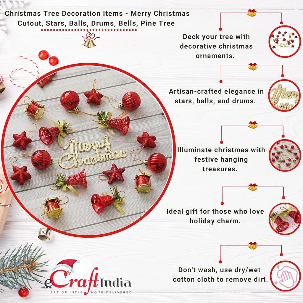 Christmas Tree Decoration Items Merry Xmas Cutout Stars Bells Drums Balls Pine Tree for Decoration (Pack of 24) Christmas Hanging