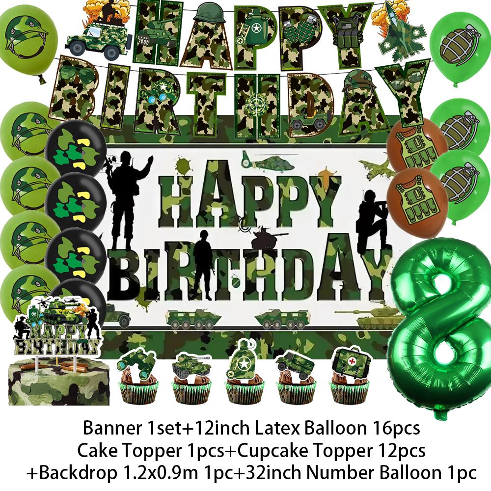 Militär Armee Thema Jungen Geburtstagsparty Dekorationen Camouflage Soldat Flugzeug Panzer Hintergrund Cartoon Luftballon Banner Kinderspielzeug Geschenk