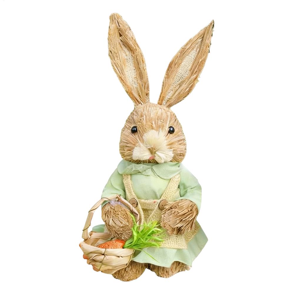 Easter Bunny Decoration, 35cm straw bunny figurine, Easter rabbit desktop ornament, handmade cute decorative bunny