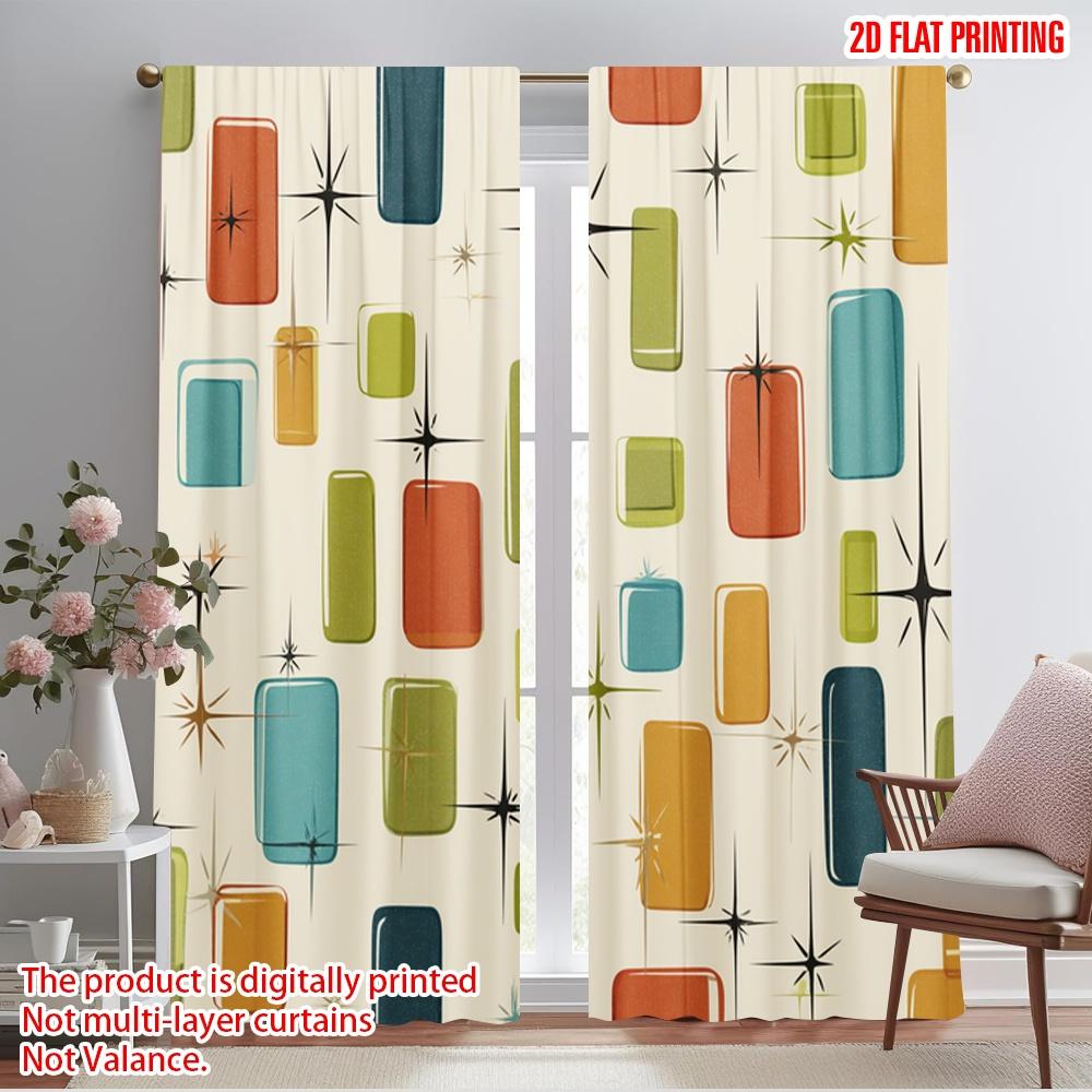 

2pcs,2D plane printing Curtain Popular Retro Squares Versatile 100% Polyester (without rod) Outdoor Decorations Ldeal for 52.50×116.00 CM 2pcs