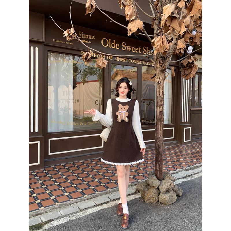 2025 Winter Plus Size Women s Korean Style Sweet Cartoon Bear Faux Two-Piece Dress Plus Size 4XL