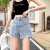 Classic and Minimalist Fashion with Black and Gray High-waisted Female Broken Holes Burlap A-line Thin Section Thin Outside Wearing Denim Shorts