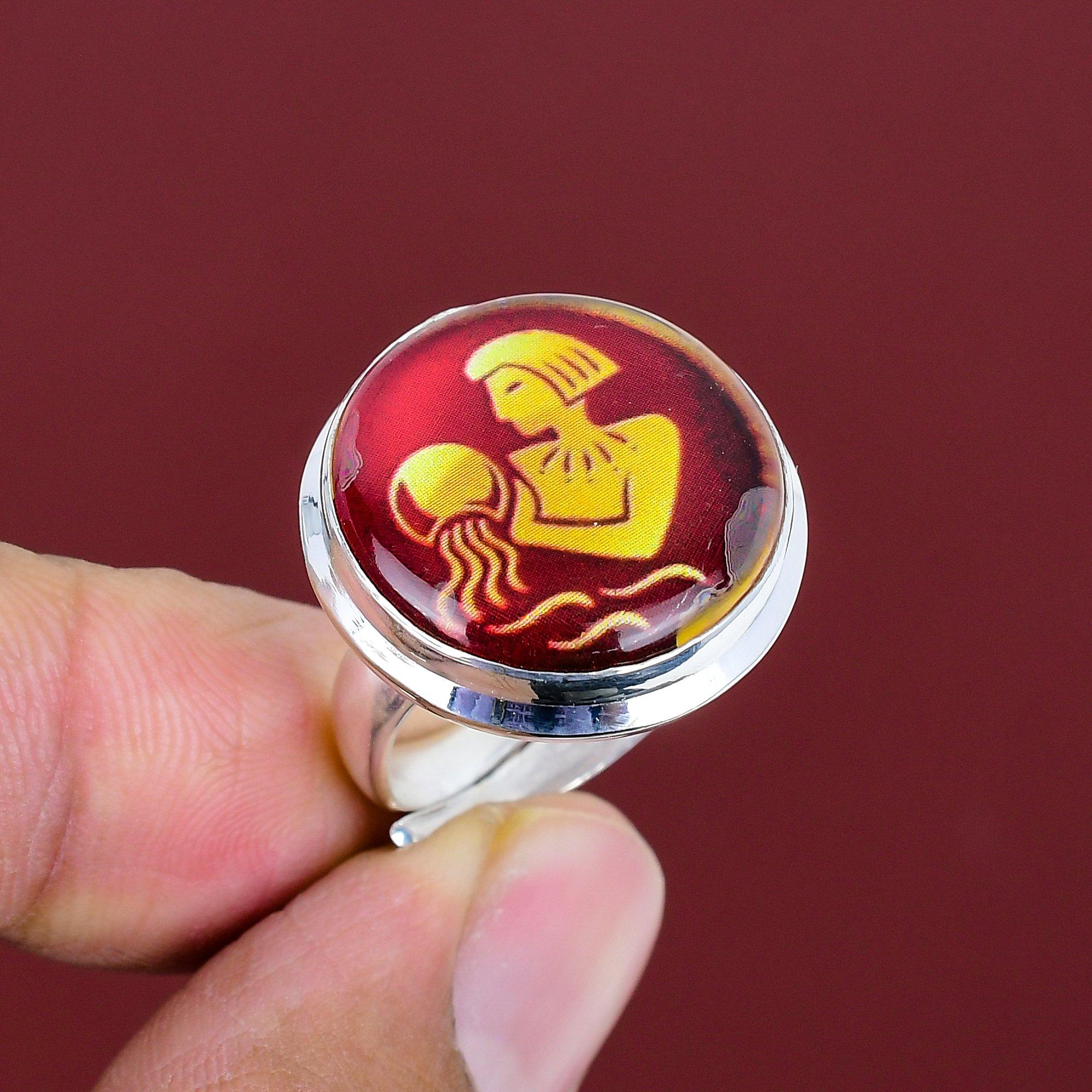 Aquarius zodiac sign in red onyx ring gemstone ring astrology horoscope jewelry 925 sterling silver adjustable rings handmade aquarius ring Adjustable