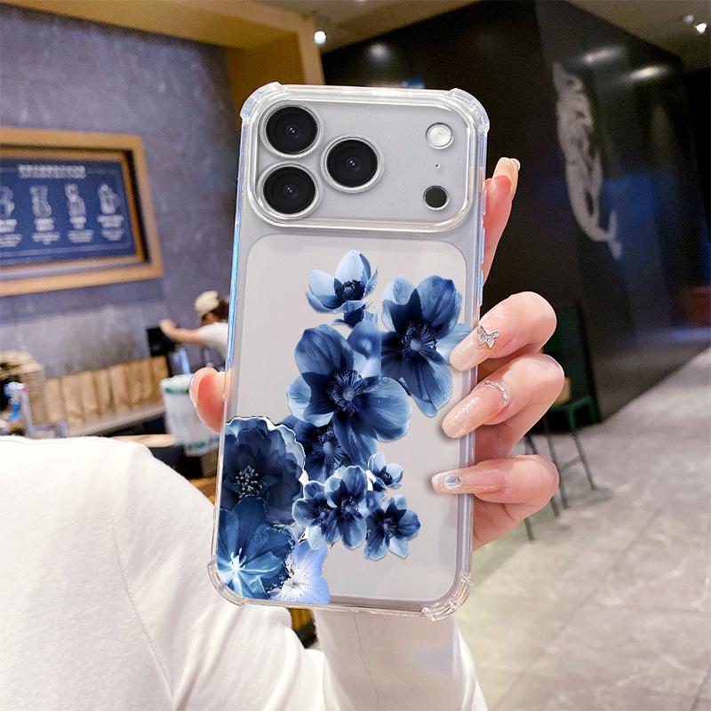Ink Blue Flower Mobile Phone Case iPhone17/16Pro Four-corner Anti-drop Transparent Case Apple 15 Soft Case Is Hot-selling.