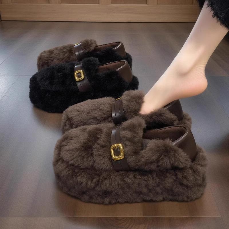 Lambswool Women's Fuzzy Winter Shoes 2025 - Fleece-lined, Thick Sole, Buckle, Warm Maternity Cotton Bean Shoes