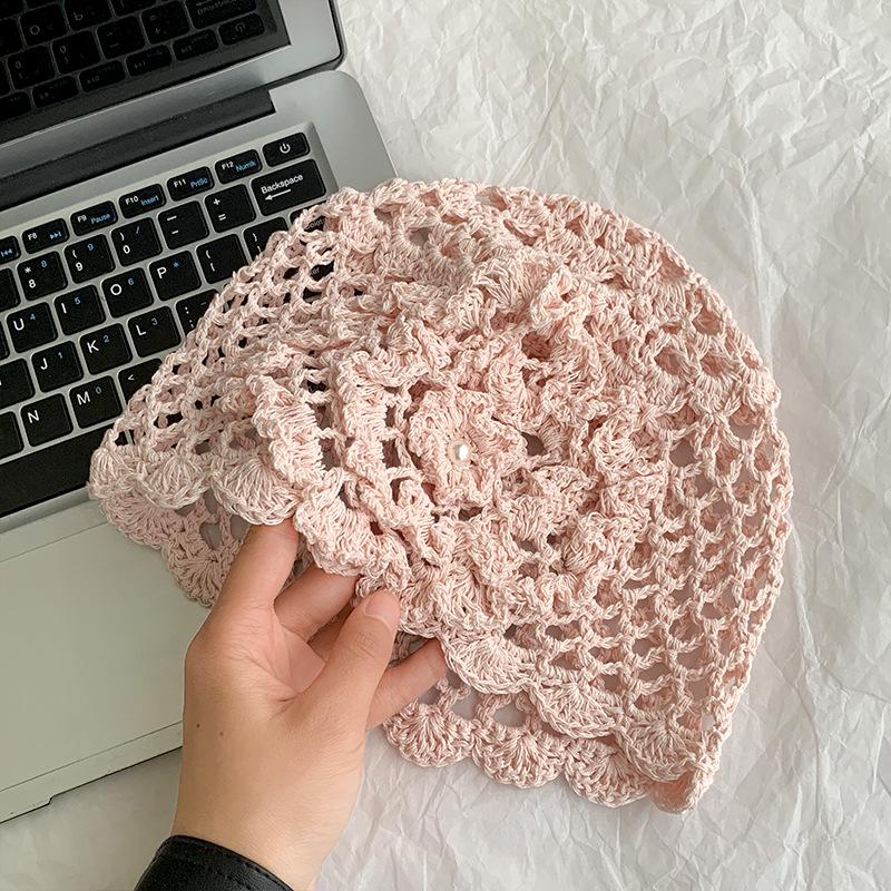Spring and Summer Handmade Hook Up Knitted Head Hat for Women Thin Breathable Hollow Hat Fashionable Retro Niche Pullover Hat
