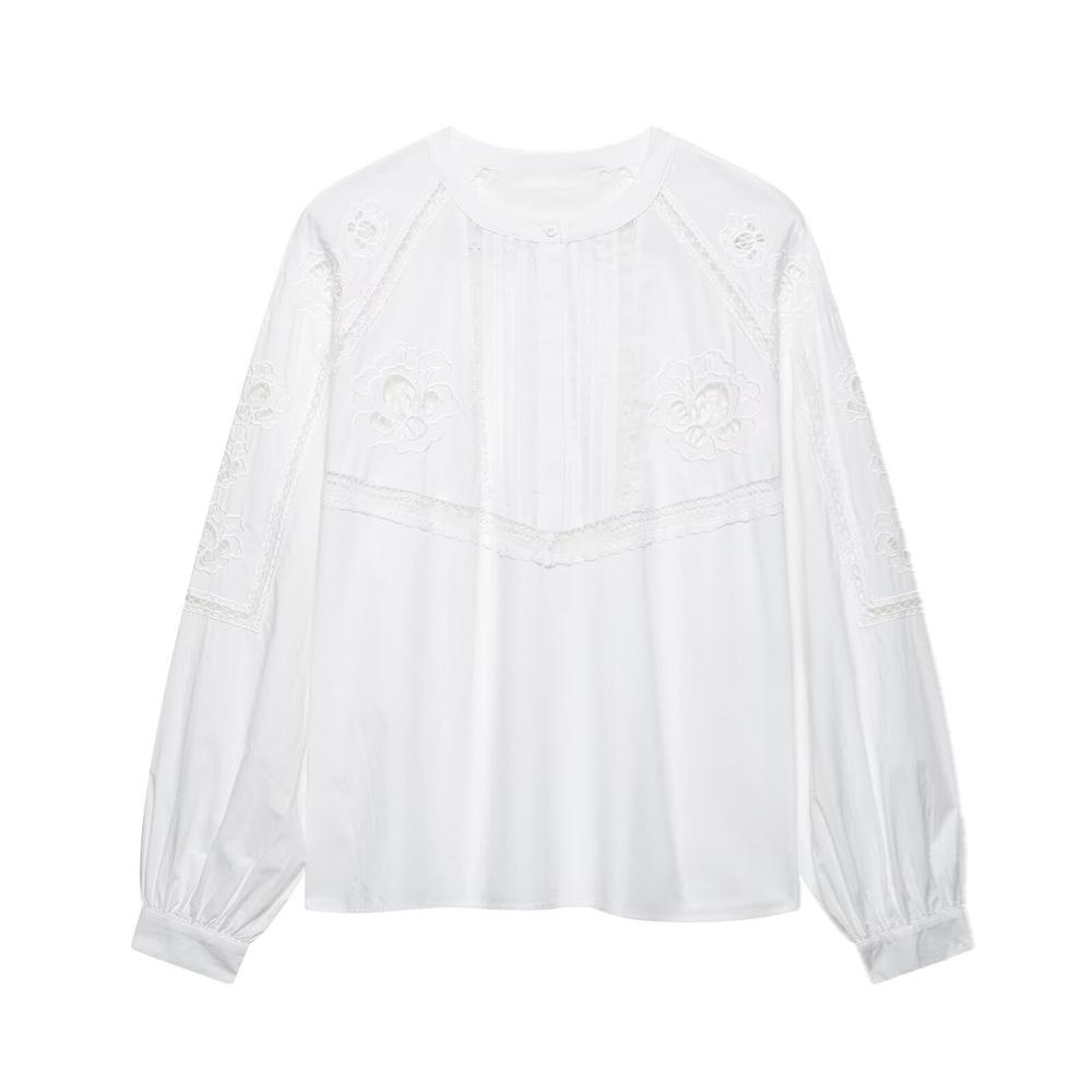 

2025 Spring/Summer Women s Casual Loose Lace Trim Embroidery Shirt Large