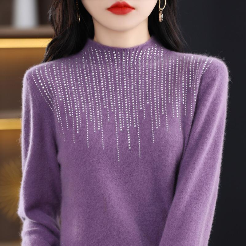 Women's Half Turtleneck Diamond Sweater, Qinghe Cashmere, 30% Cashmere 70% Wool, Winter Knitted Pullover Autumn Sweater Cashmere Sweater