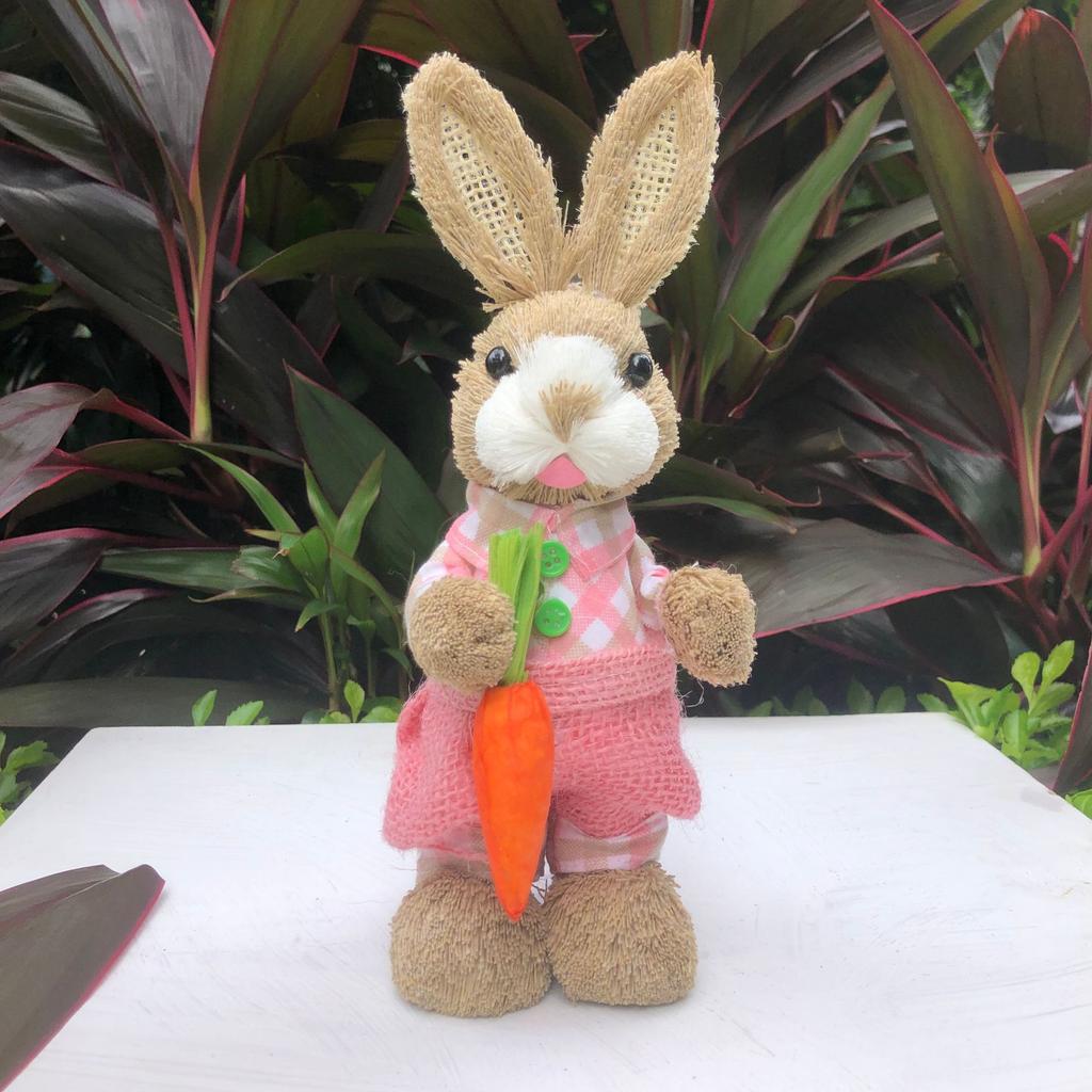 Easter Rabbit Decoration Straw Rabbit Ornament Creative Artificial Bunny Figure 25cm Home Holiday Cute with Flower Wreath