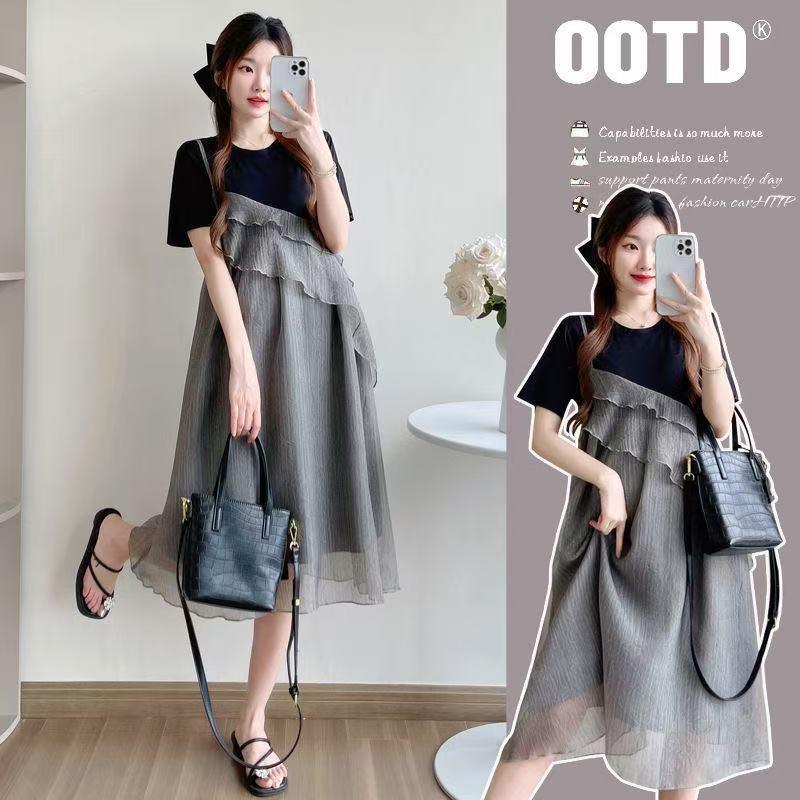 Sommer 2026 Damen Patchwork-Kleid im koreanischen Stil, Zweiteiler-Optik: Schicker, Trendiger und Jungendlicher Mid-Length Rock.